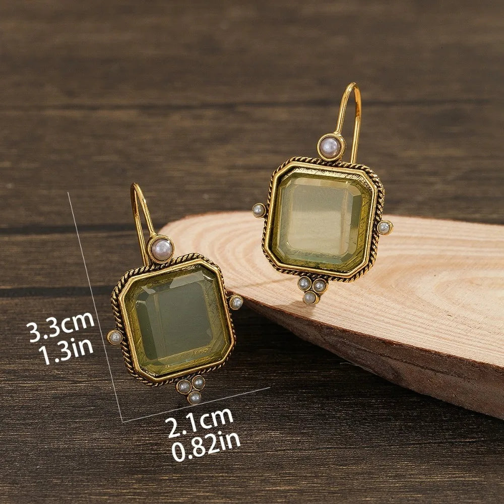 New Fashion Retro Style Round Green Carving Crystal Stone Pearls Dangle Earrings