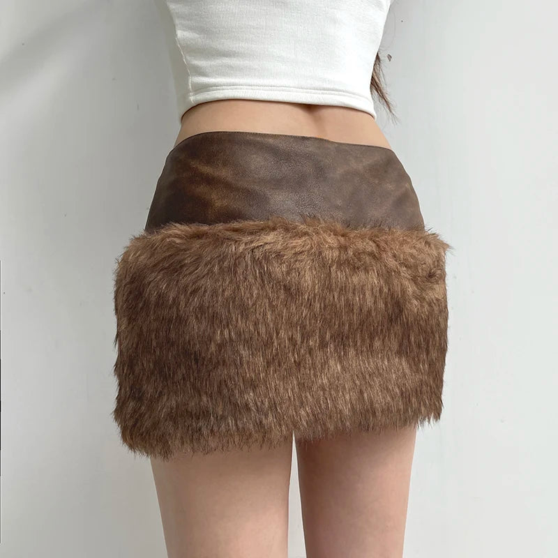 Patchwork Faux Fur Women’s Skirts Chic Sexy Mini Leather Skirt