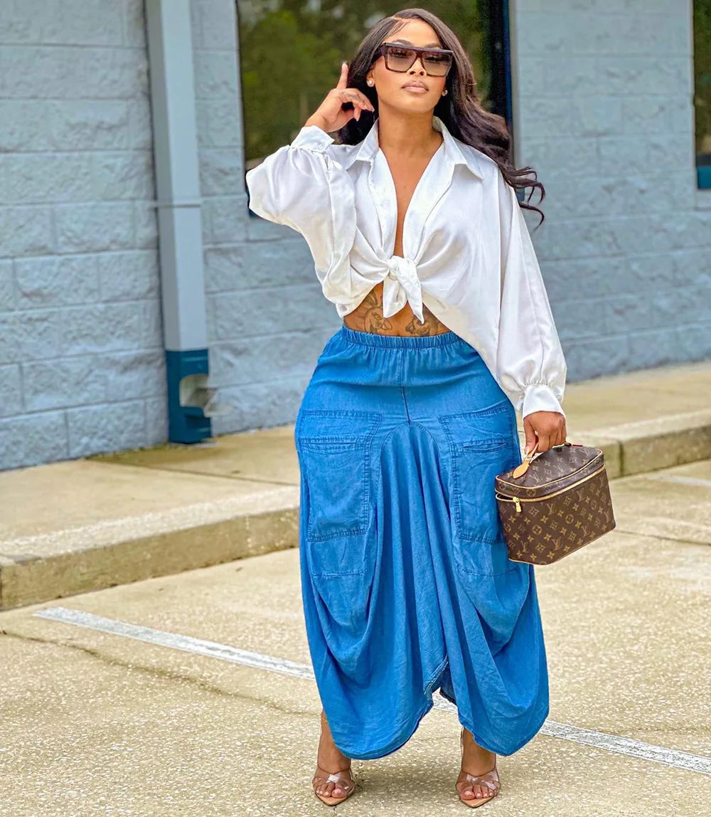 Women Loose Casual Solid Irregular Long Skirt