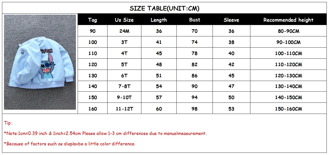 Children Boy Cartoon Lilo and Stitch Zipper Long Sleeve Windproof Outerwear