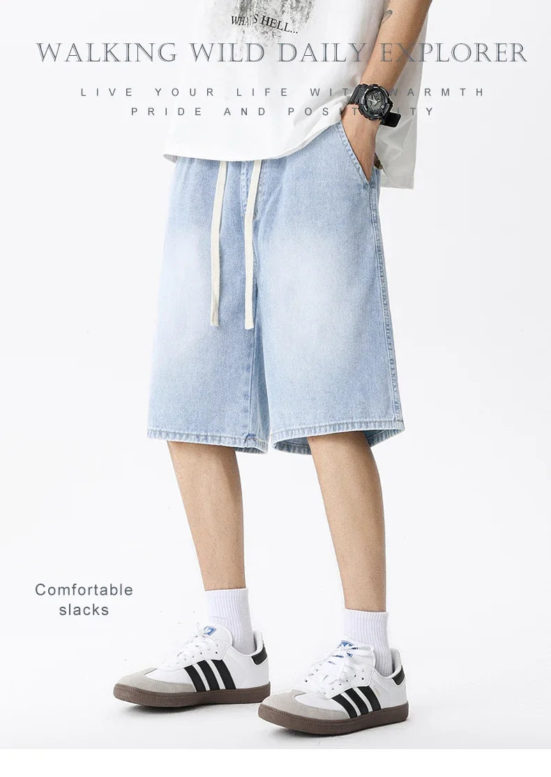 Thin Retro Casual Denim Shorts Soft Comfortable Stretchy Loose Drawstring