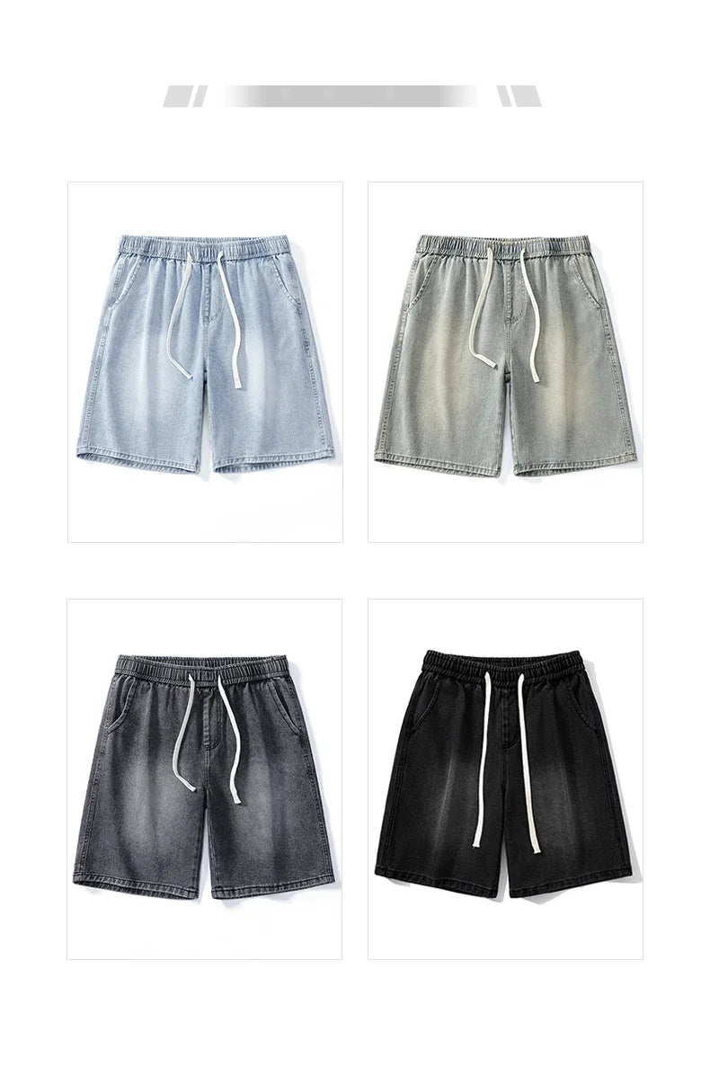 Thin Retro Casual Denim Shorts Soft Comfortable Stretchy Loose Drawstring