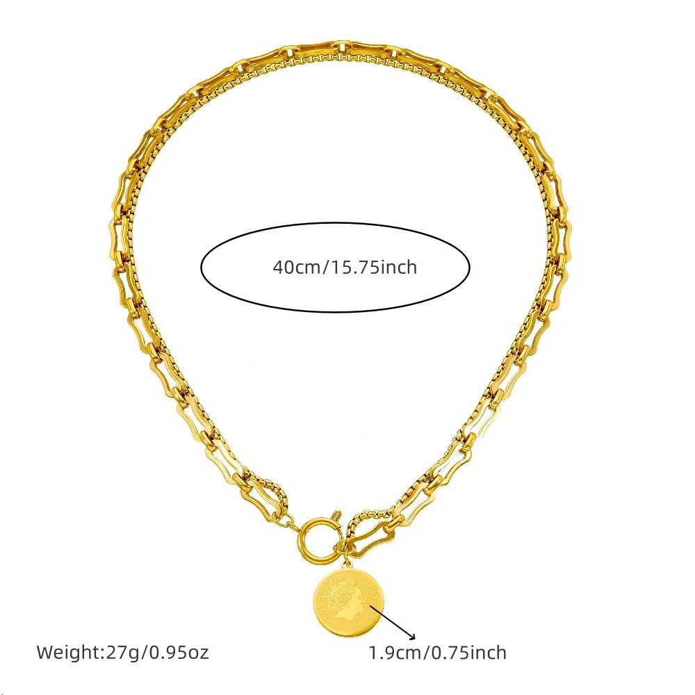 New Stainless Steel Golden Portrait Hanging Coin Necklace Earrings Bracelet Set