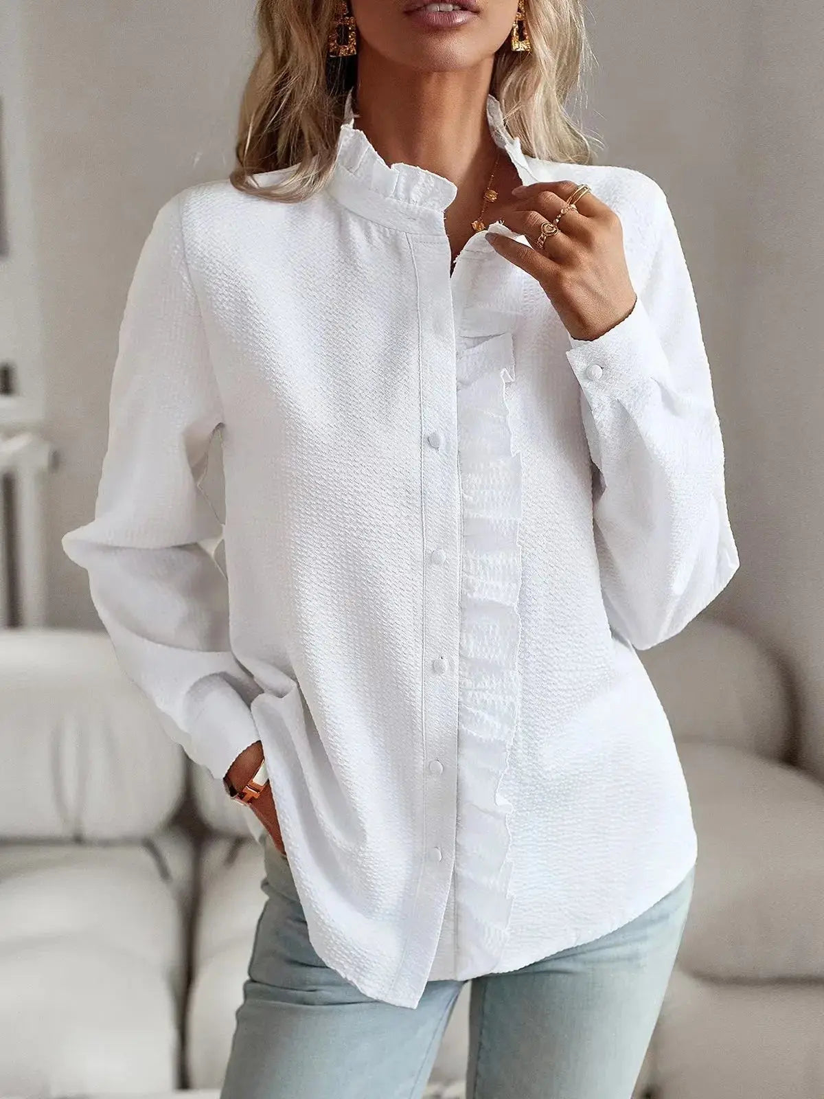 New Women's Wear Long sleeved Ruffle Edge Button Top