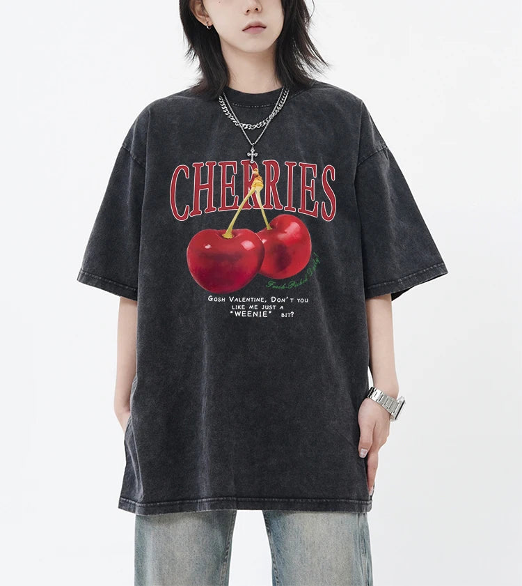 Cherry And Letter Pattern Snow Wash Top