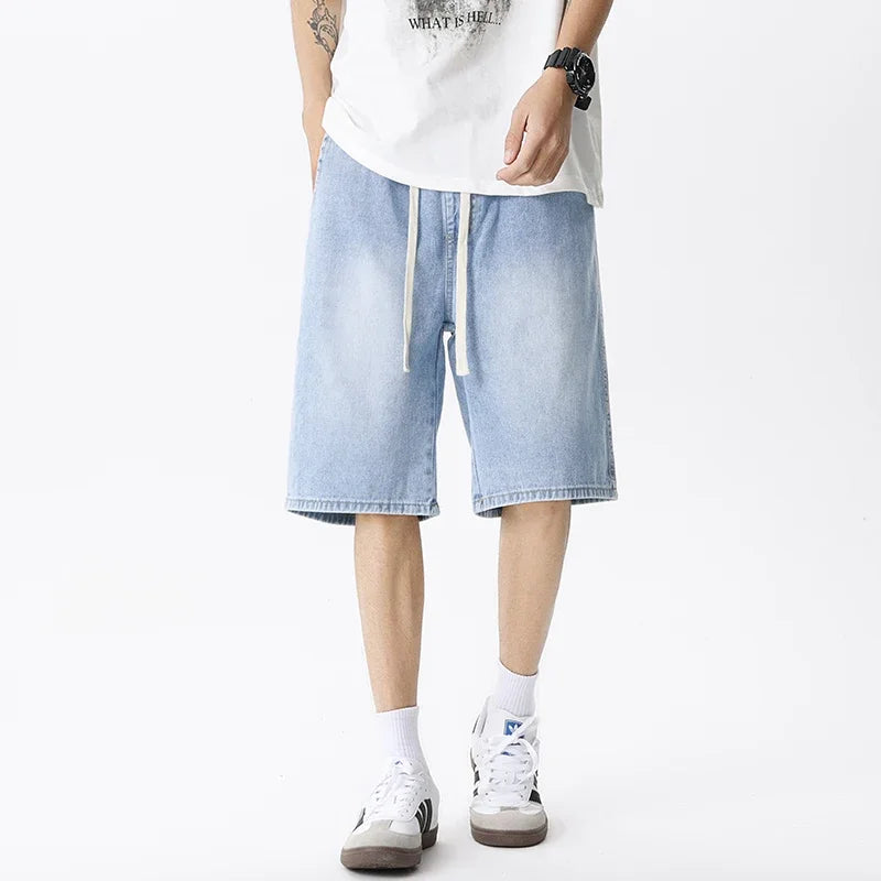 Thin Retro Casual Denim Shorts Soft Comfortable Stretchy Loose Drawstring