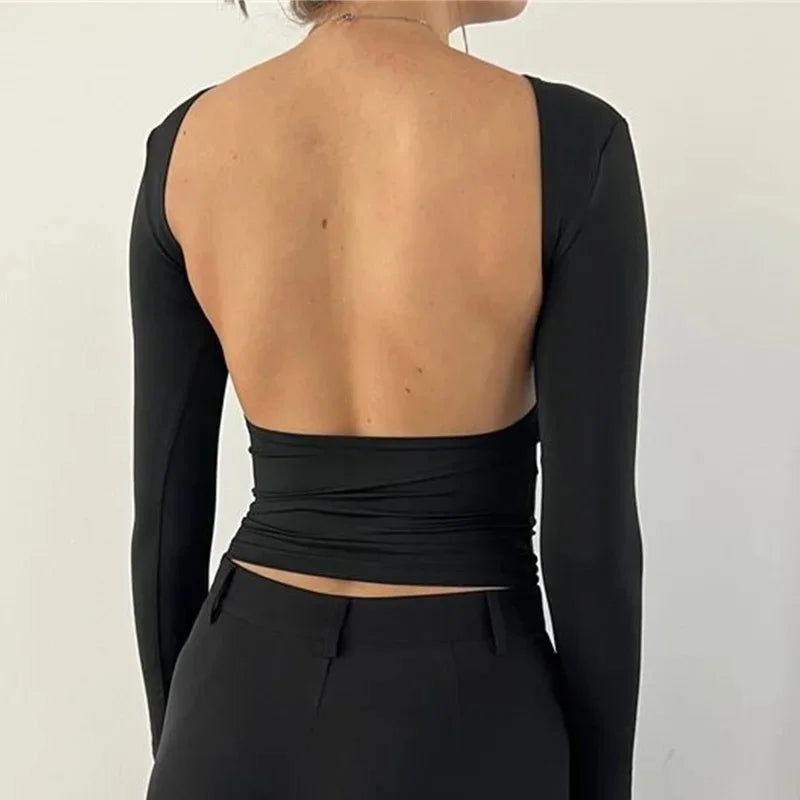 Black Backless Round Neck Long Sleeve Bodycon Top