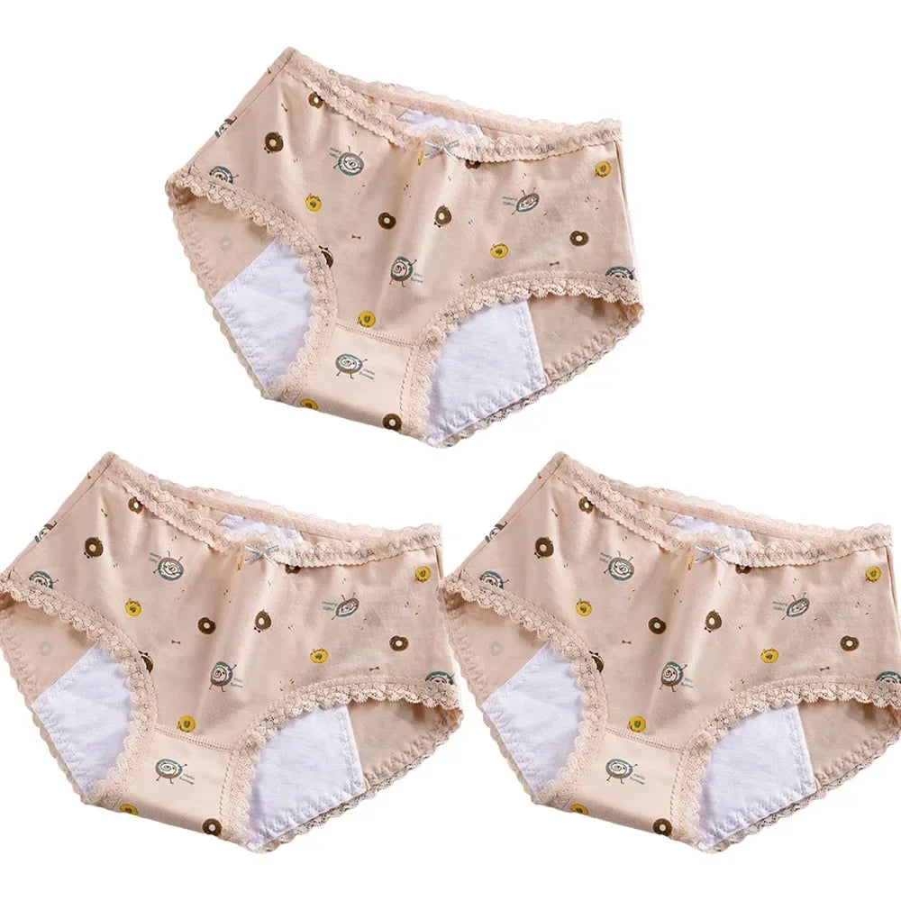 Girls Mid Waist Bear Cotton Period Briefs Soft Underwear