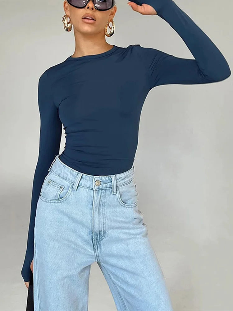 Women Long Sleeve Crew Neck Solid Slim Fit Ladies Crop Top