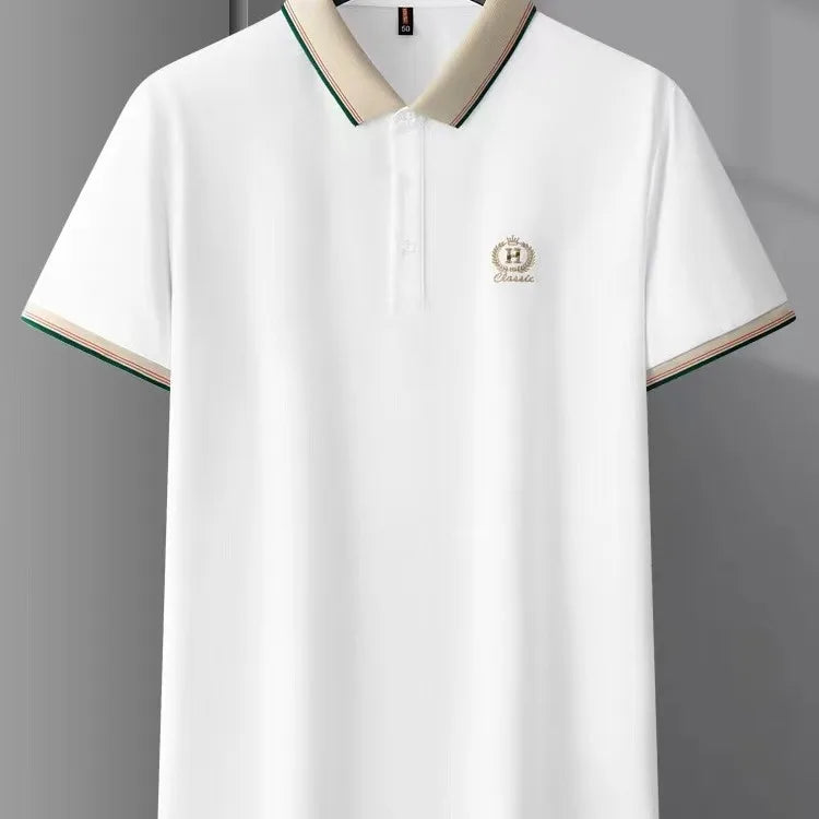 Weißes Poloshirt für Herren, bestickt, hochwertig, atmungsaktiv