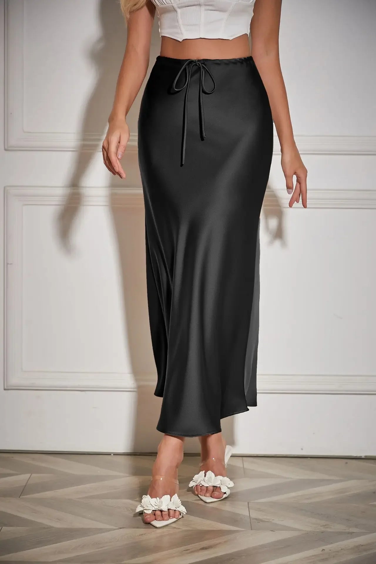 High Waist Skirts for Women Temperament Elegant Black Satin Skirt Classics Versatile Slim Long Skirt
