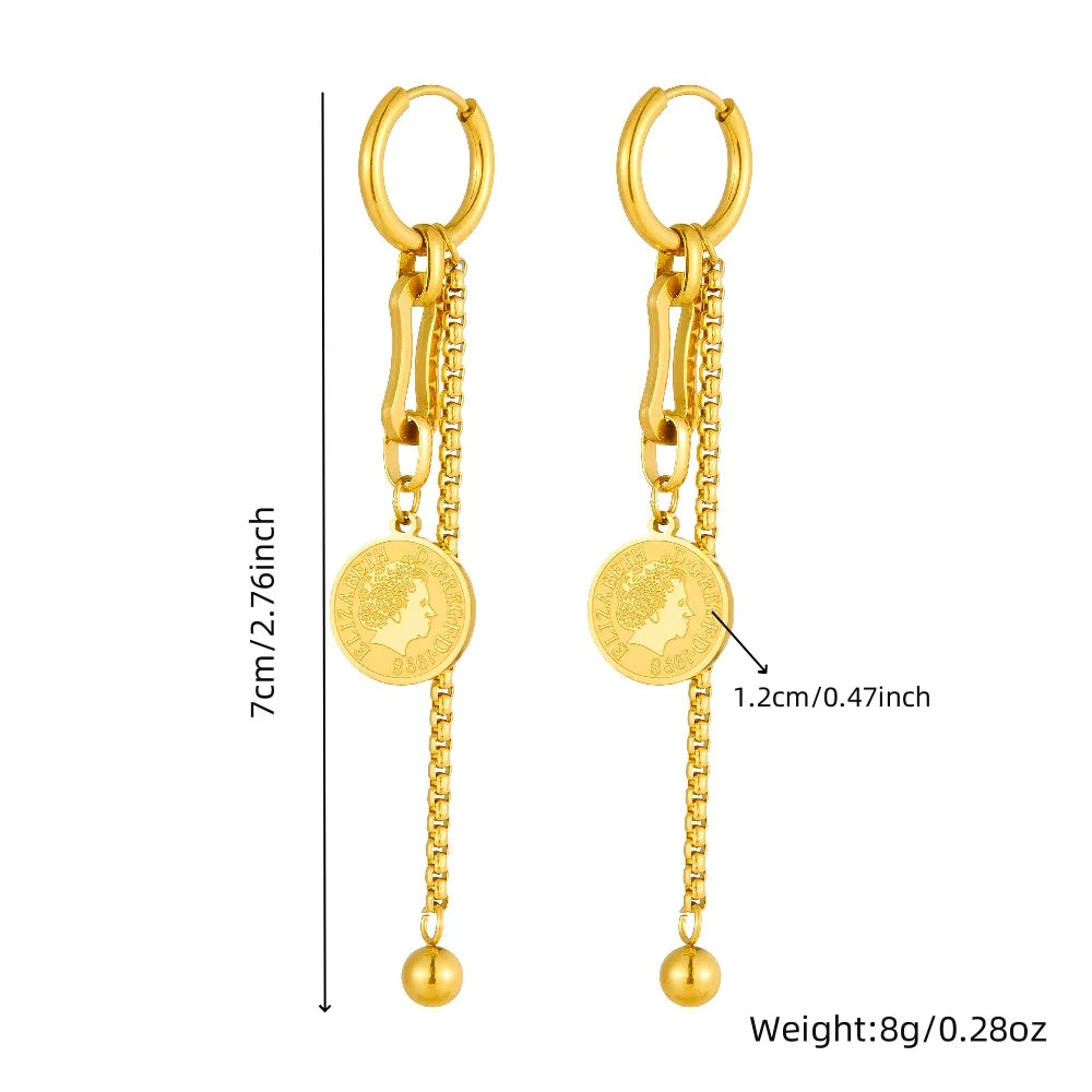 New Stainless Steel Golden Portrait Hanging Coin Necklace Earrings Bracelet Set