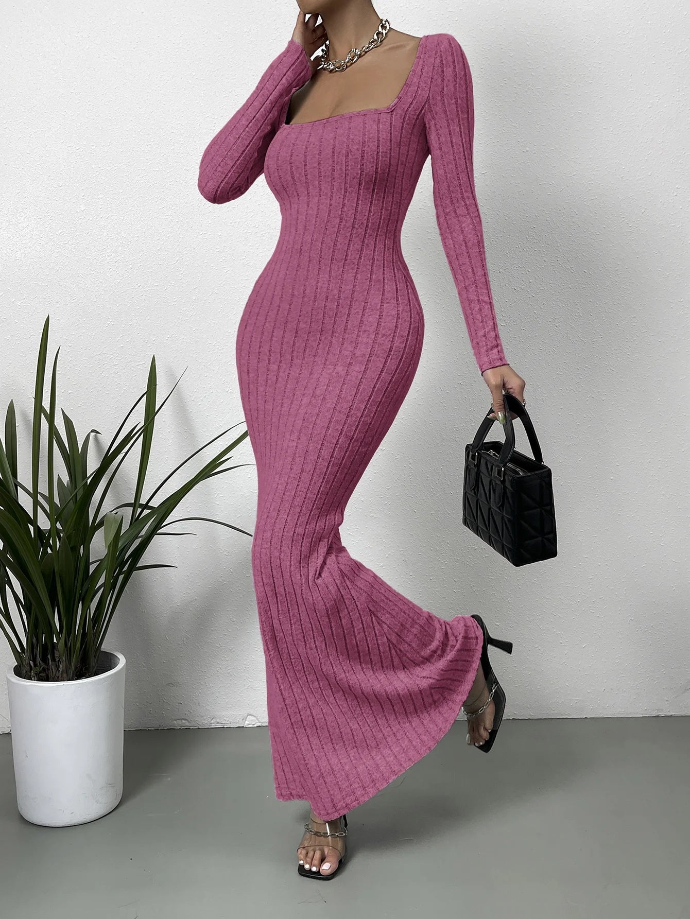 Mature Low Line Neck Cut Solid Color Slim-fit All-match Long-sleeved Dress