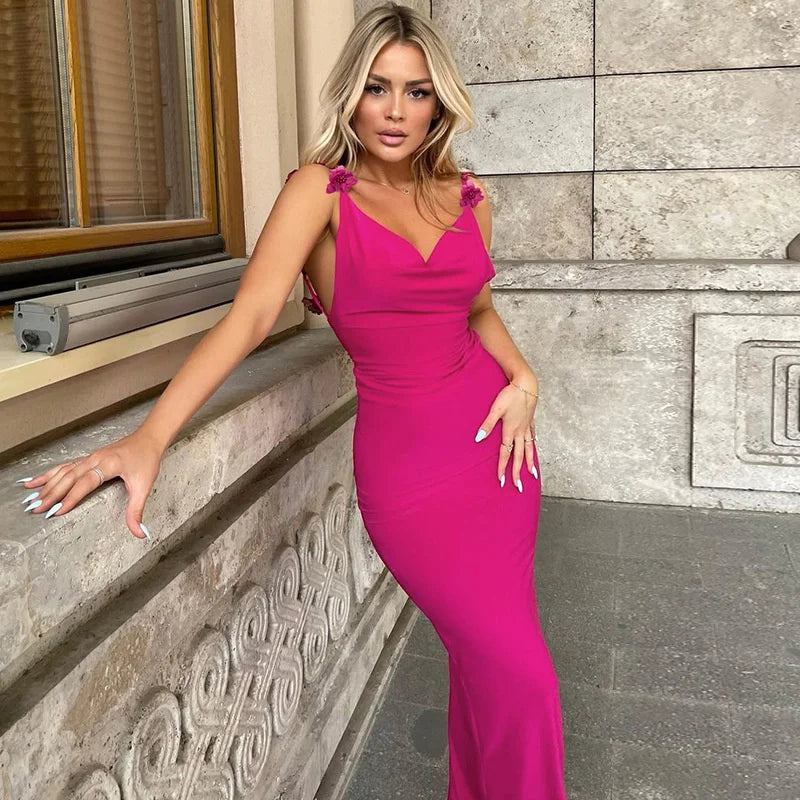 Mozision Flower Spaghetti Strap Backless Maxi Dress Women Rose Pink Bodycon Slipdress
