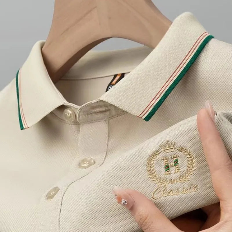 Weißes Poloshirt für Herren, bestickt, hochwertig, atmungsaktiv