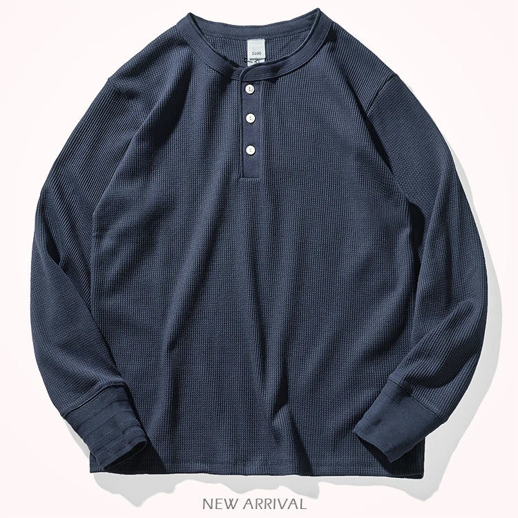 Autumn And Winter New American Heavyweight Retro Men's Waffle Long-sleeved T-shirt
