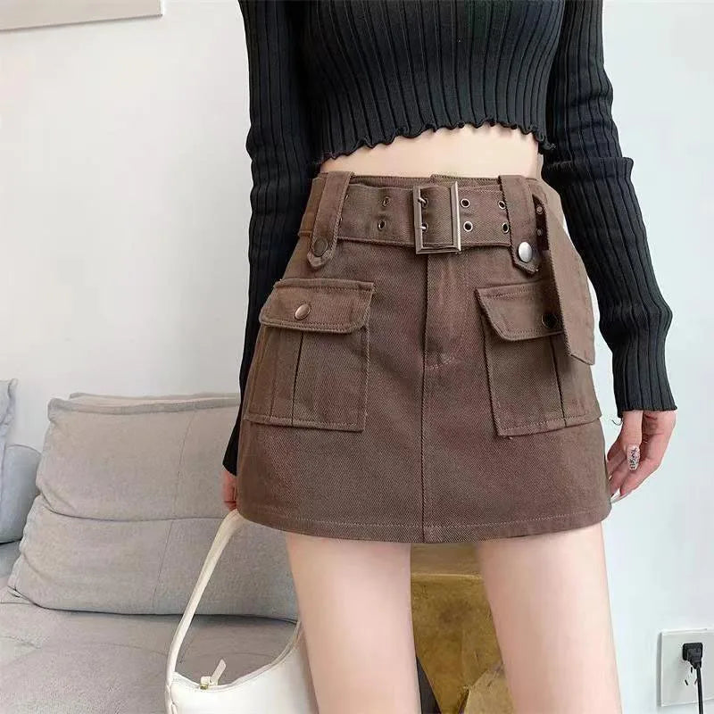 Lucyever High Waist Mini Skirt with Belt Short Culotte Skirt