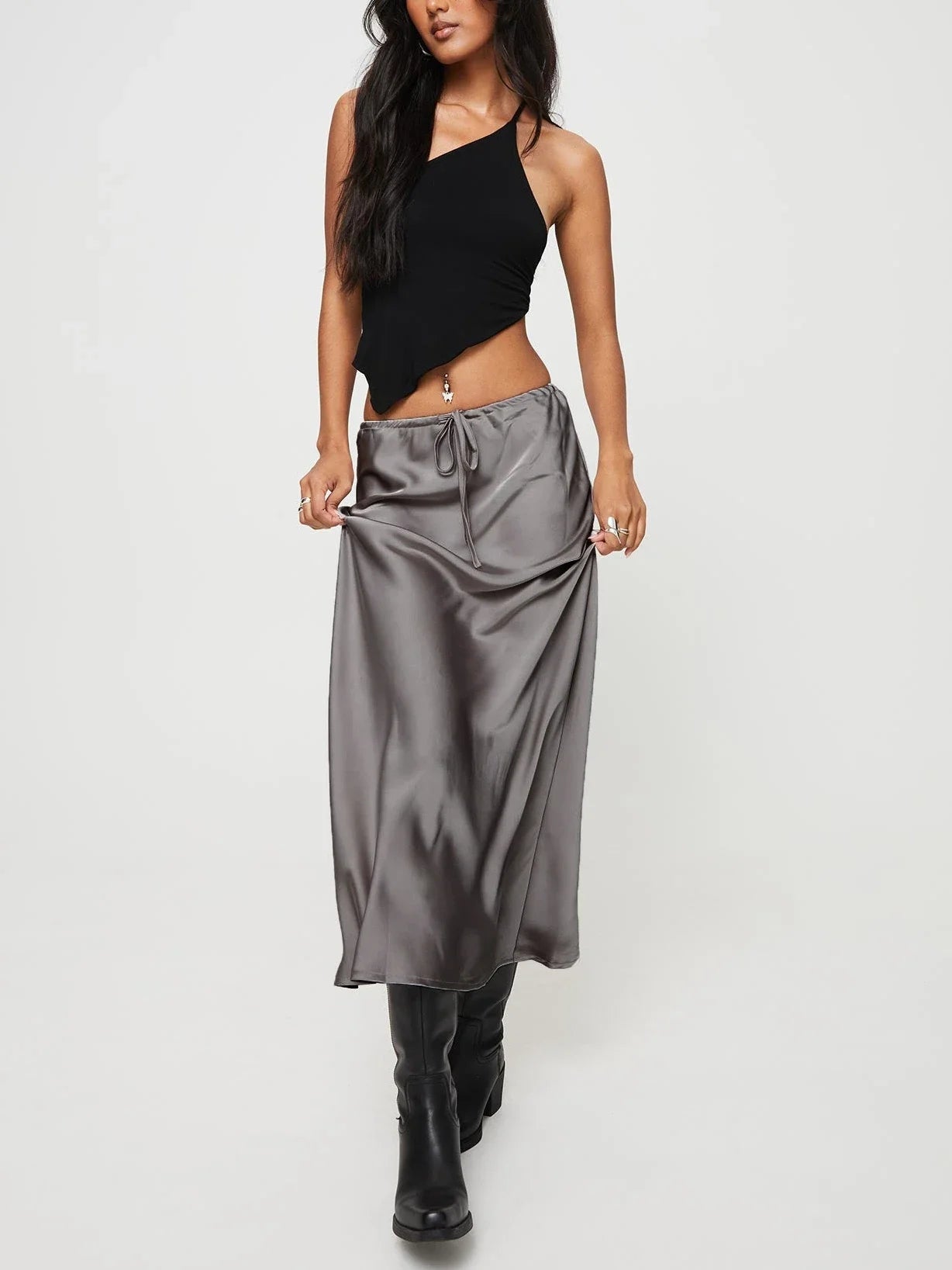 High Waist Skirts for Women Temperament Elegant Black Satin Skirt Classics Versatile Slim Long Skirt