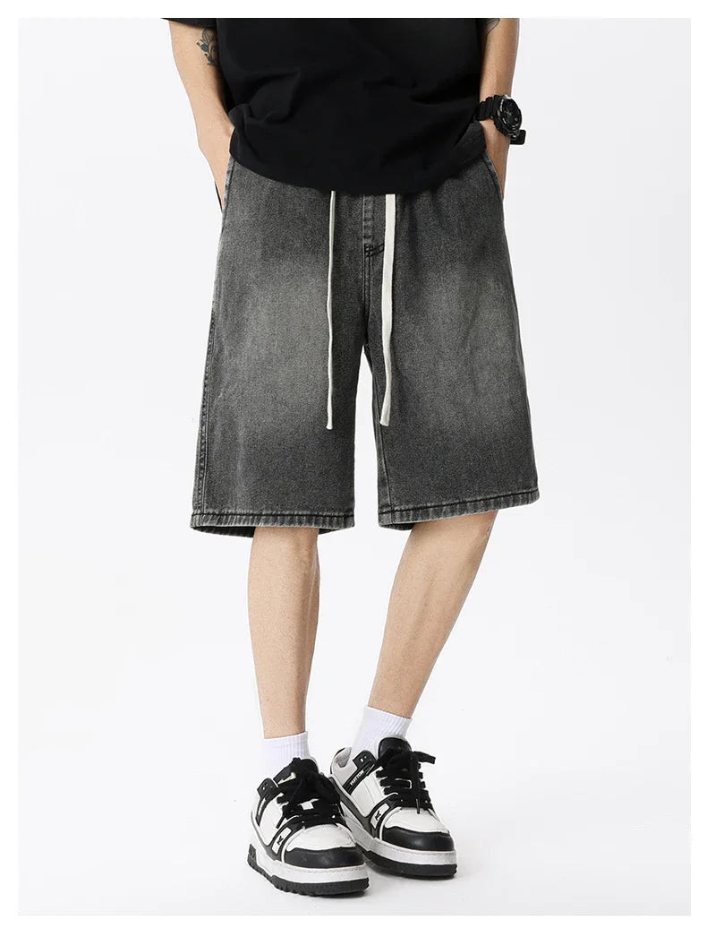 Thin Retro Casual Denim Shorts Soft Comfortable Stretchy Loose Drawstring