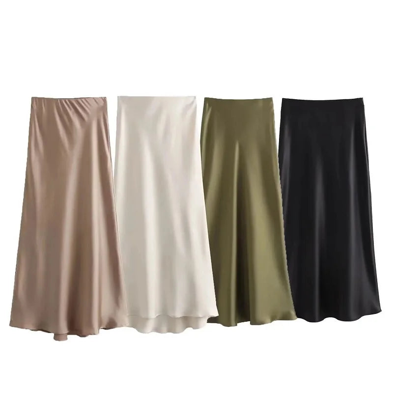 TRAF Satin Midi Women Skirt Mid Waist Folds Lady Skirt