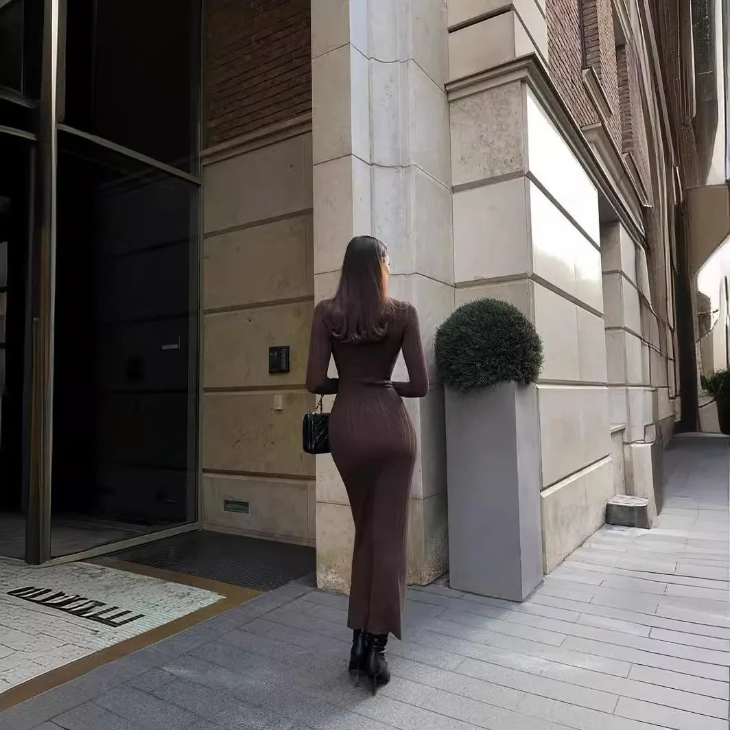 Women Elegant Long Sleeve Knitted Maxi Dress