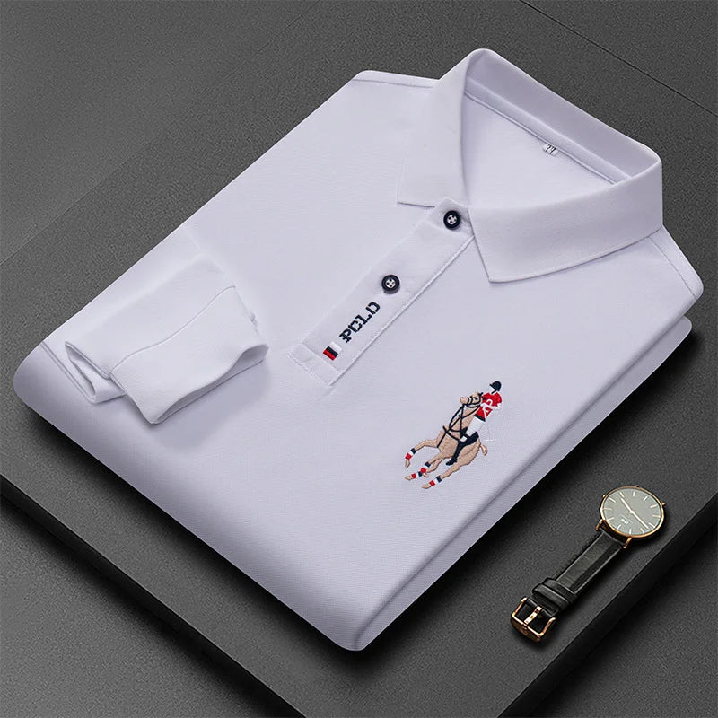 Besticktes Langarm-Poloshirt für Herren in Volltonfarbe