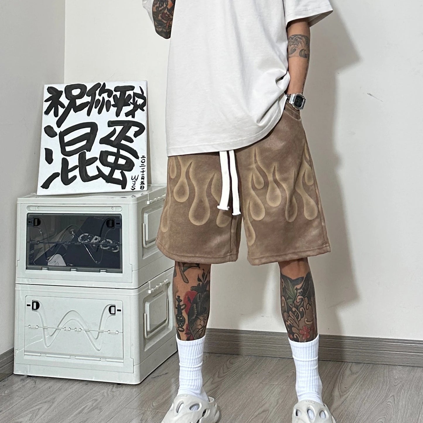 Sommer Hip Hop High Street Shorts mit Flammengrafik