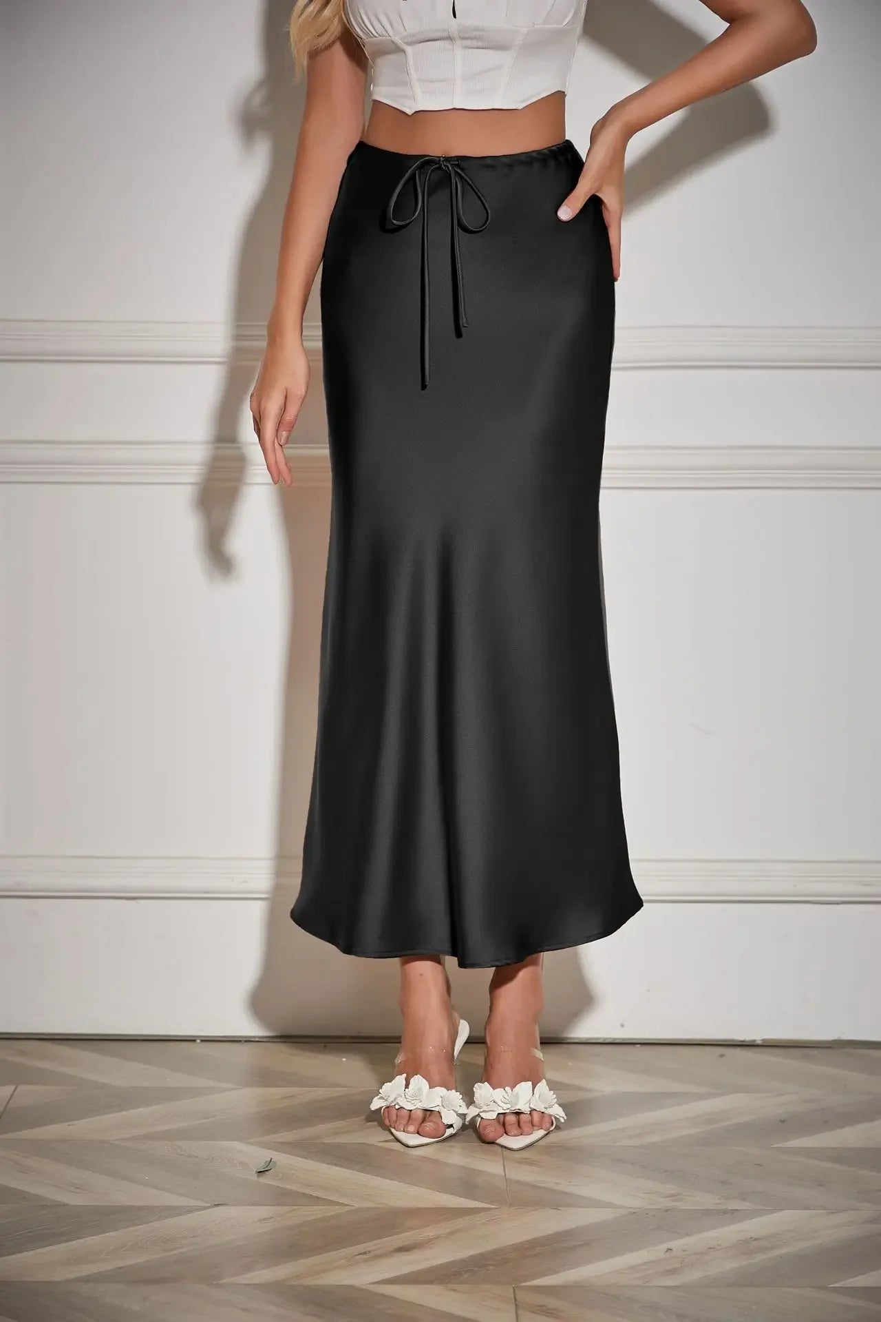 High Waist Skirts for Women Temperament Elegant Black Satin Skirt Classics Versatile Slim Long Skirt