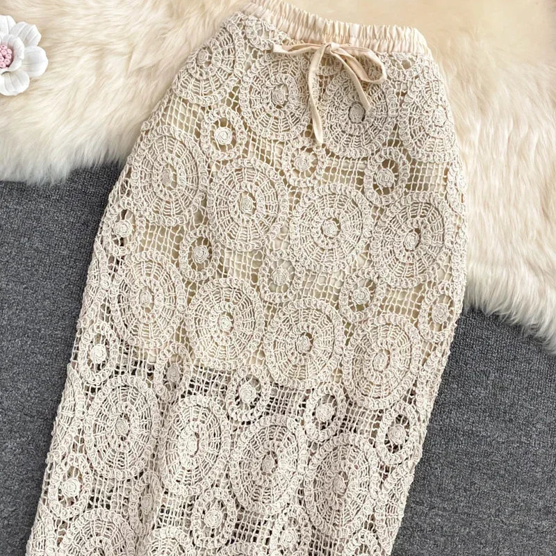 Damen Etui-Röcke mit hoher Taille und Häkelmuster