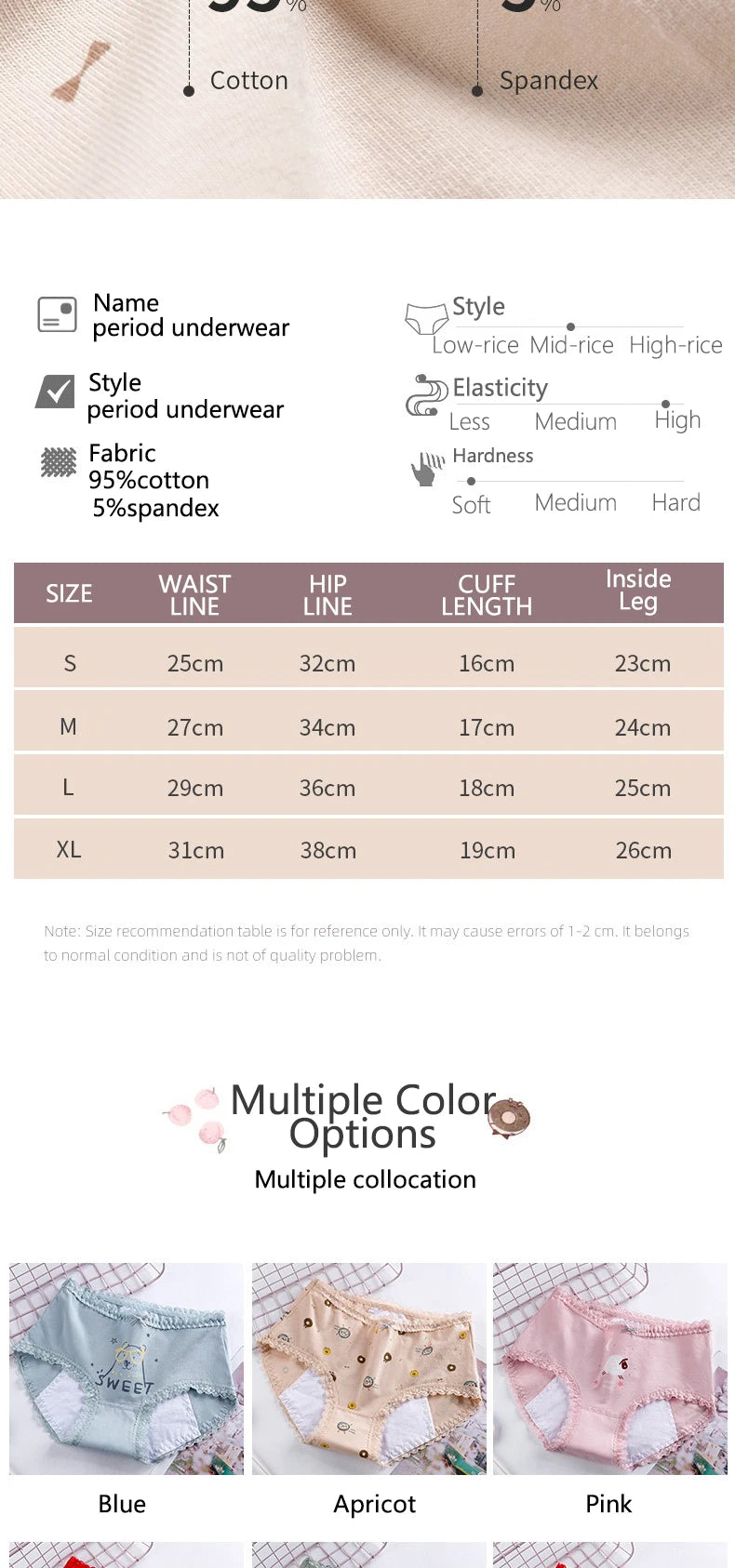 Girls Mid Waist Bear Cotton Period Briefs Soft Underwear