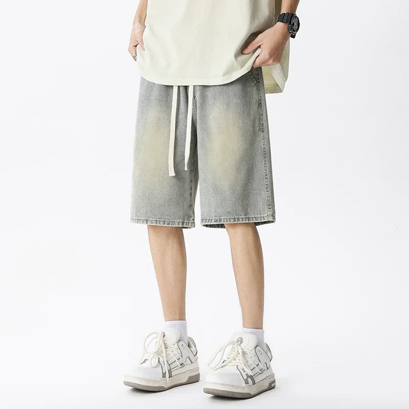 Thin Retro Casual Denim Shorts Soft Comfortable Stretchy Loose Drawstring