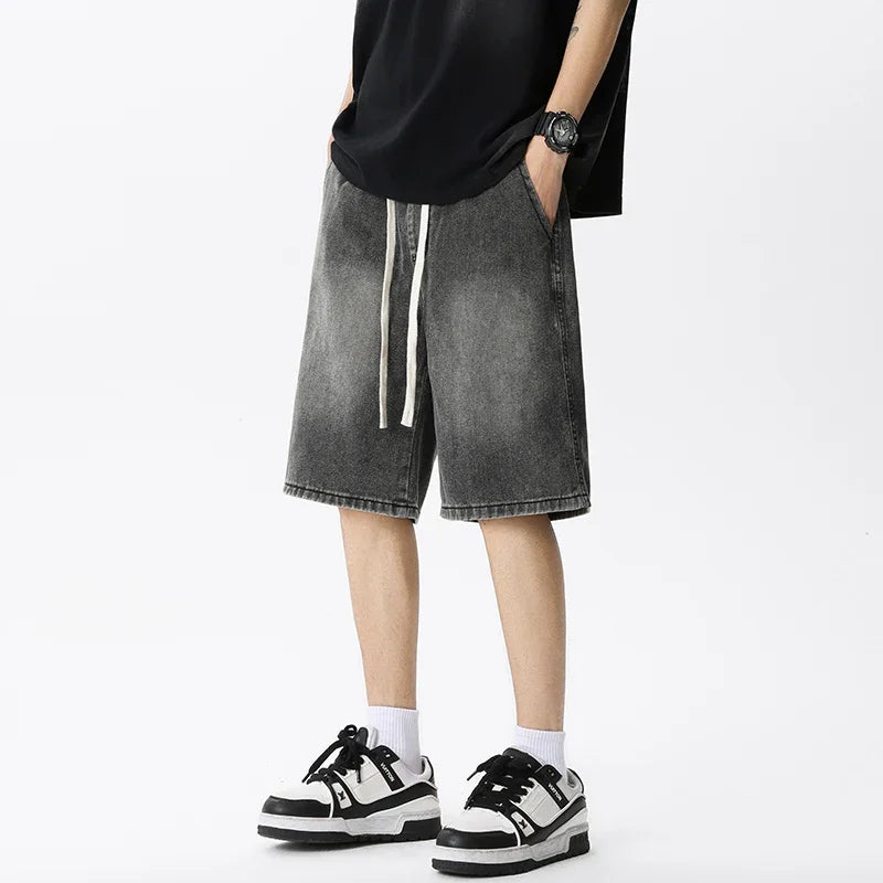 Thin Retro Casual Denim Shorts Soft Comfortable Stretchy Loose Drawstring