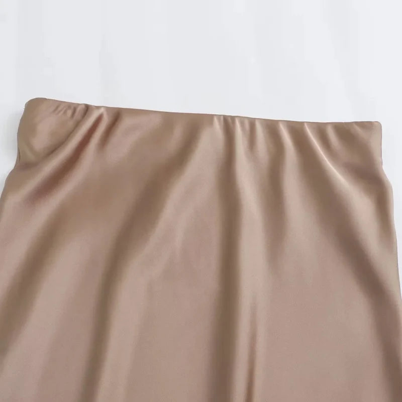 TRAF Satin Midi Women Skirt Mid Waist Folds Lady Skirt