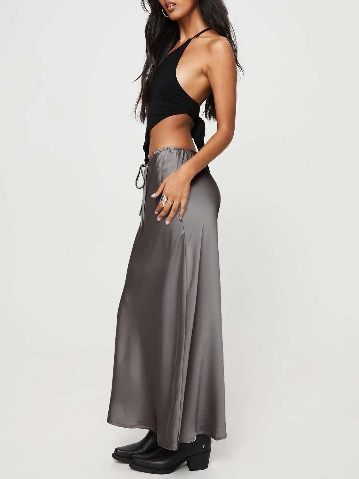 High Waist Skirts for Women Temperament Elegant Black Satin Skirt Classics Versatile Slim Long Skirt