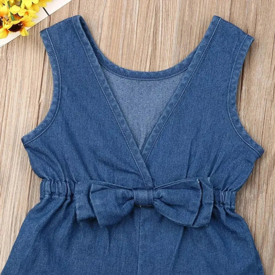 Girls' Casual Denim Sleeveless Bow Jumpsuit