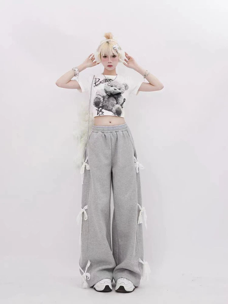 Graue Hose mit Schnürung aus Spitze für Damen