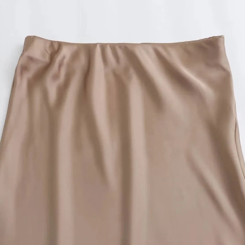 TRAF Satin Midi Women Skirt Mid Waist Folds Lady Skirt
