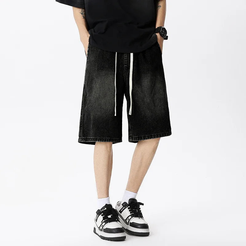 Thin Retro Casual Denim Shorts Soft Comfortable Stretchy Loose Drawstring