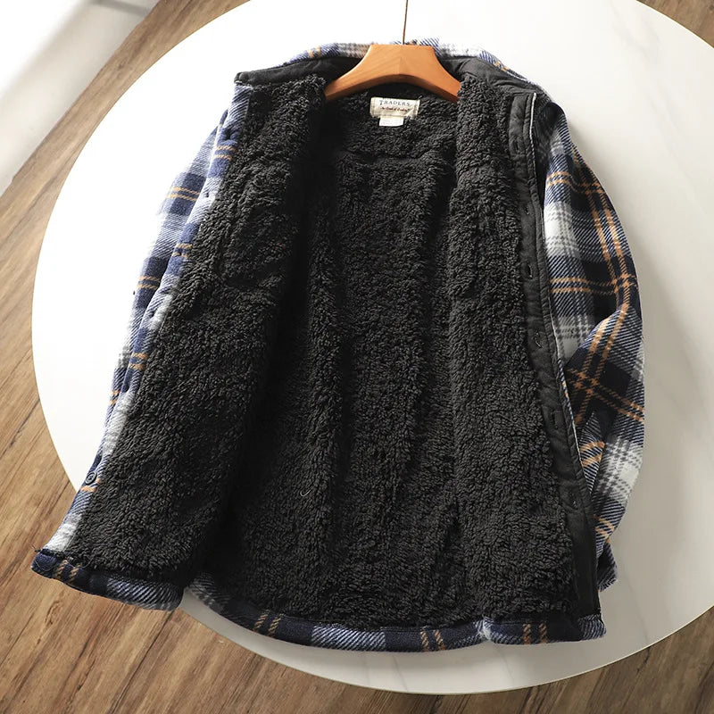 Warmes kariertes Winter-Fleece-Leinenhemd für Herren