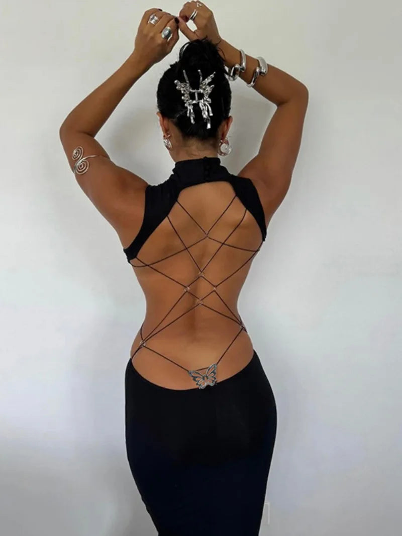 Backless Bandage Butterfly Black Evening Dresses