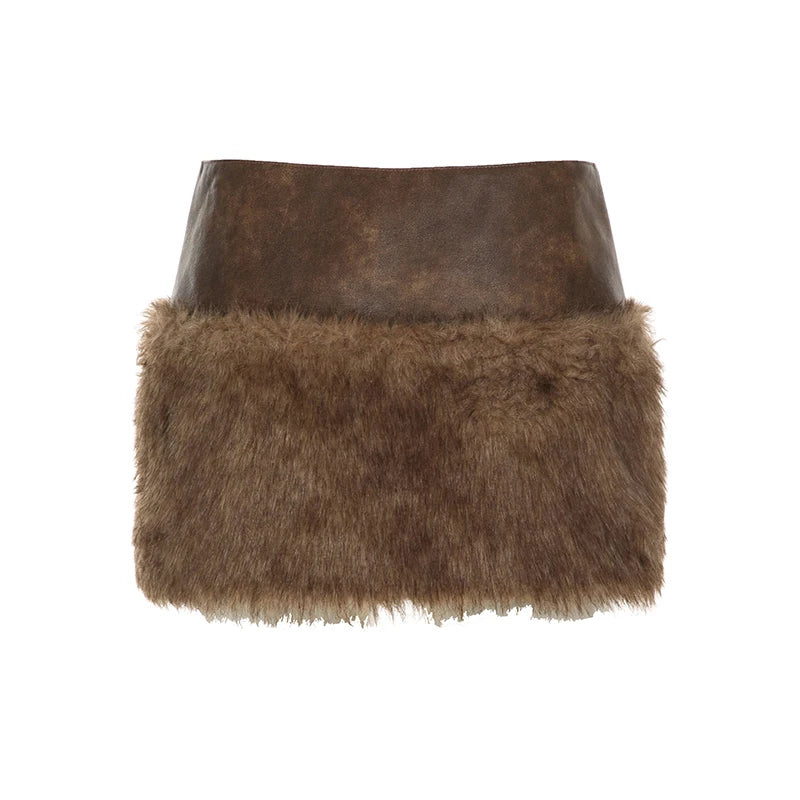 Patchwork Faux Fur Women’s Skirts Chic Sexy Mini Leather Skirt