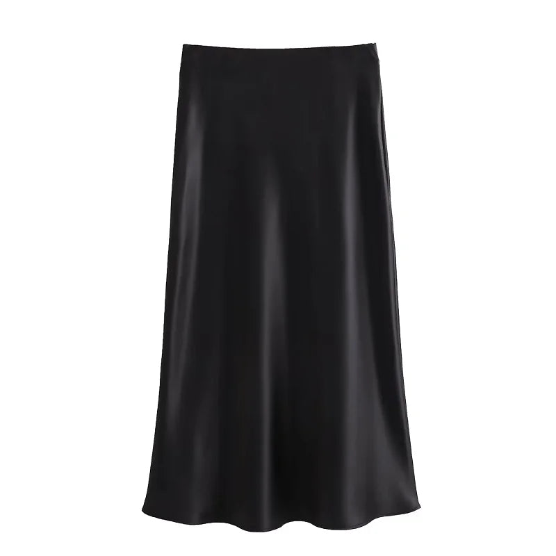 TRAF Satin Midi Women Skirt Mid Waist Folds Lady Skirt