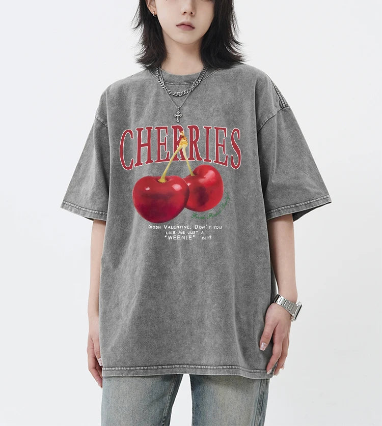 Cherry And Letter Pattern Snow Wash Top