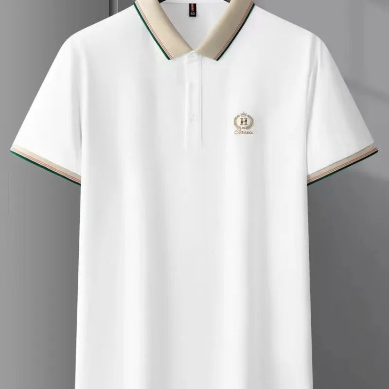 Weißes Poloshirt für Herren, bestickt, hochwertig, atmungsaktiv