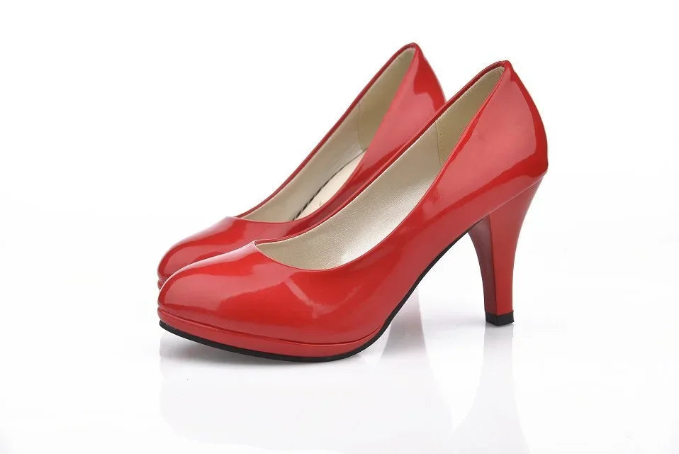 Women PU Leather Shallow Slip-On Round Toe High heels