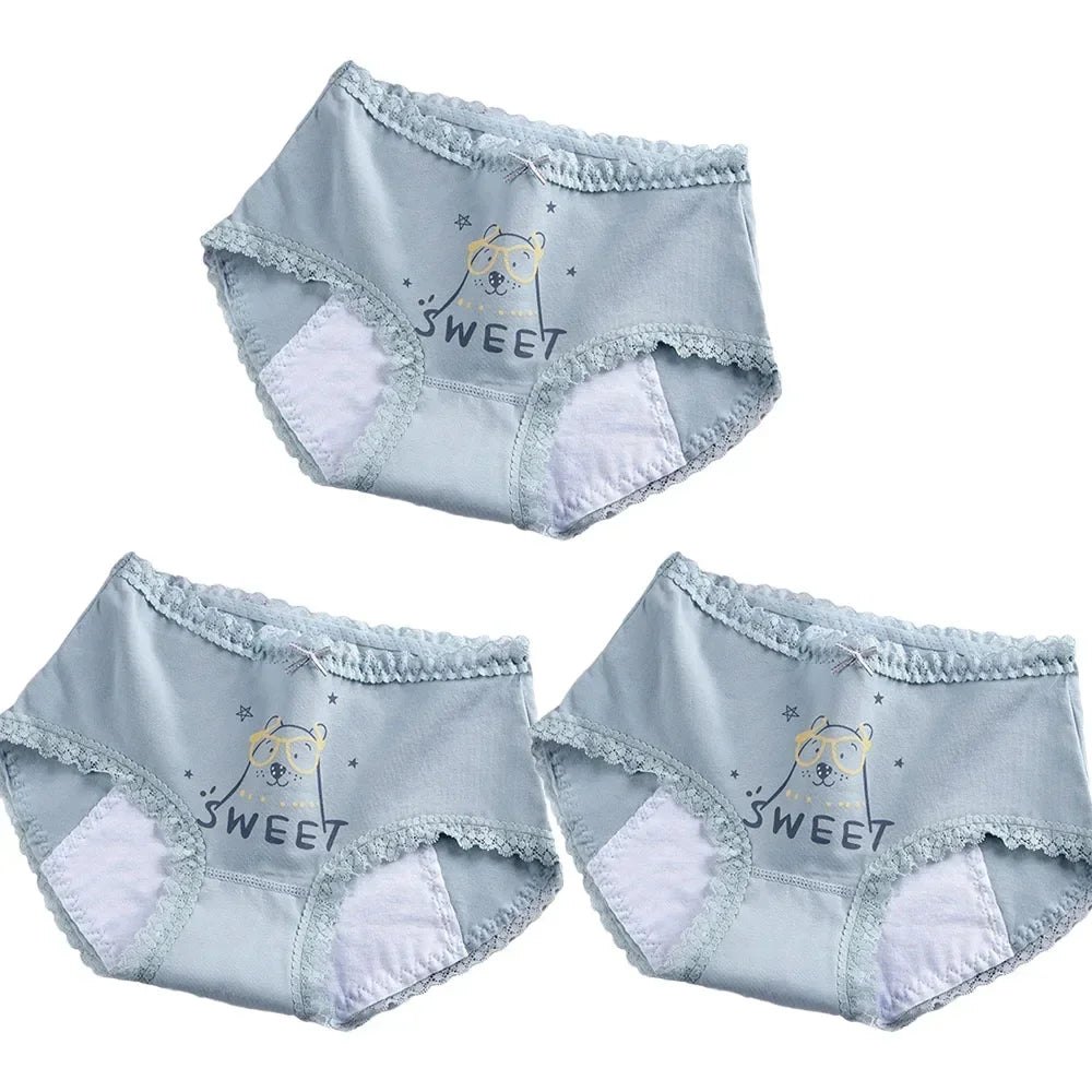 Girls Mid Waist Bear Cotton Period Briefs Soft Underwear