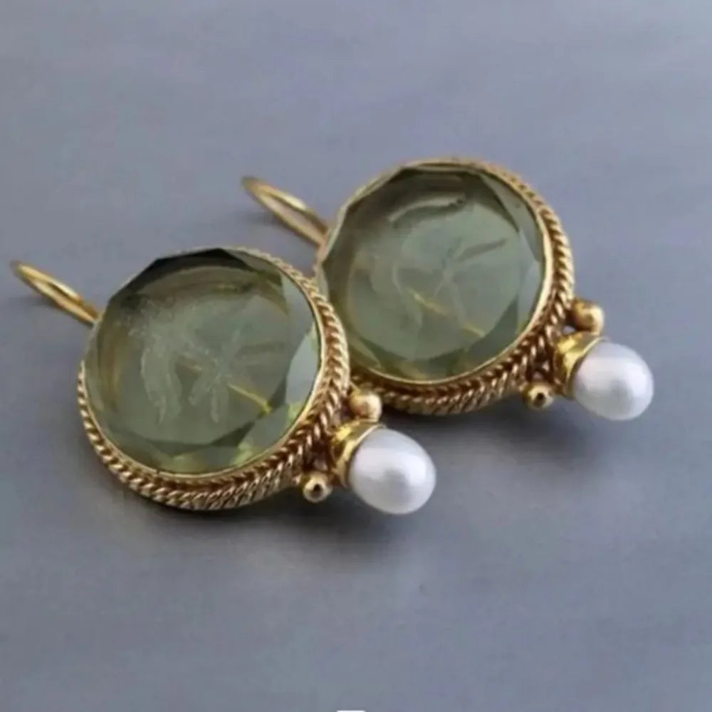 New Fashion Retro Style Round Green Carving Crystal Stone Pearls Dangle Earrings