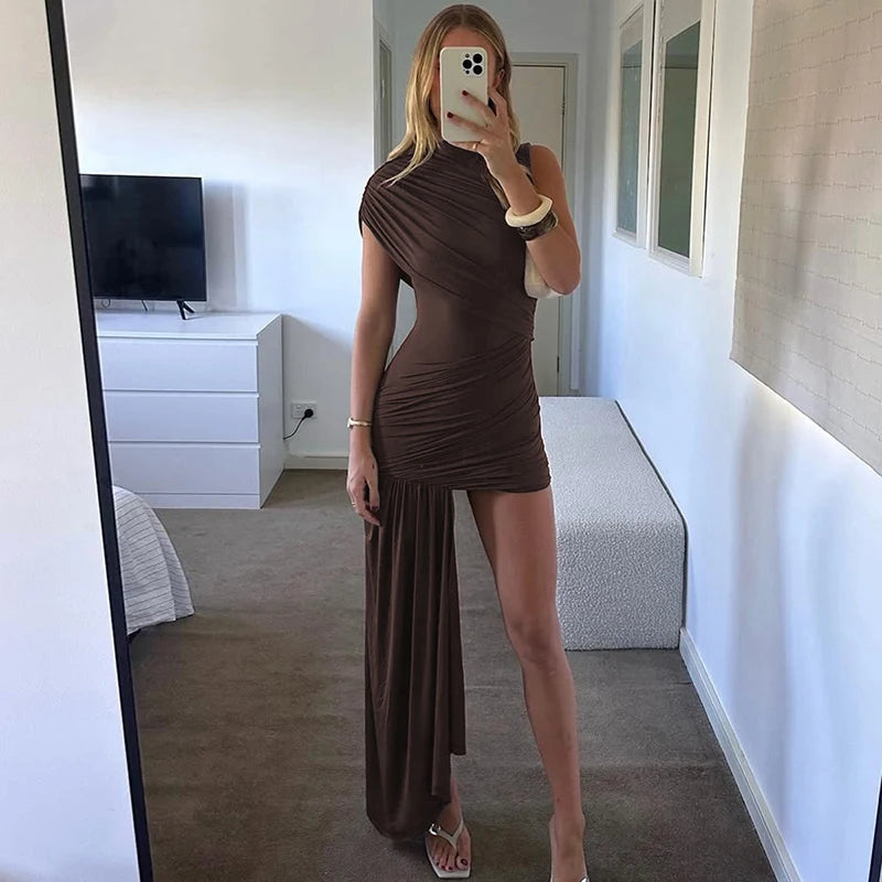 Mozision Irregular Draped Ruched Sexy Mini Turtleneck Sleeveless High Waist Pleated Club Party Dress