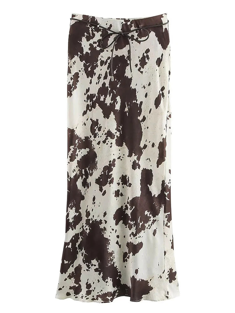 Animal Print Satin Skirt Women Fashion Ruffles Midi Skirts With Belt