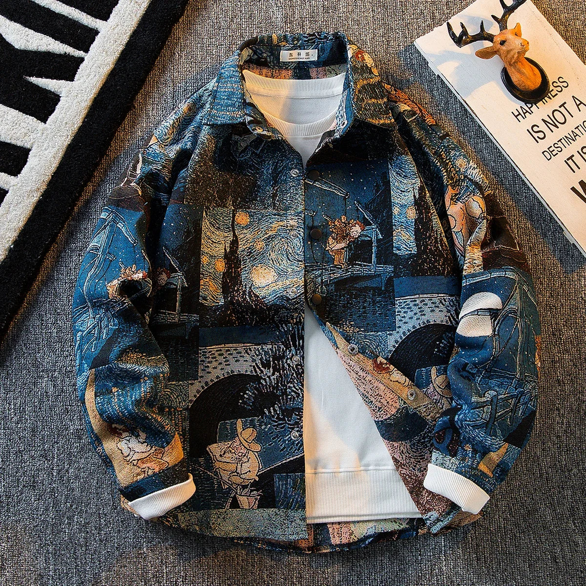 Men's Long-sleeved Vintage Retro Oil Painting Buttons Shirts